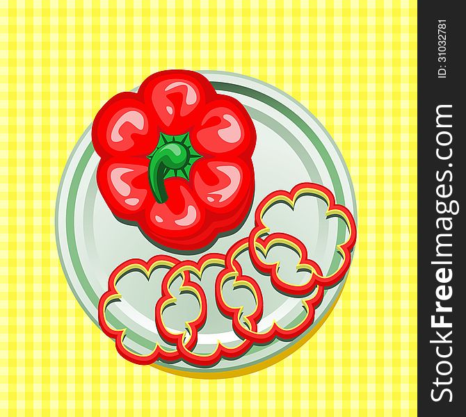 Vector illustration of red sweet pepper on a plate with slices