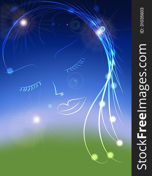 Abstract background. Glowing womans face in the sky. Vector illustration.