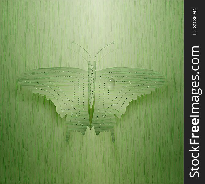 Large metal butterfly on a green background. Vector illustration