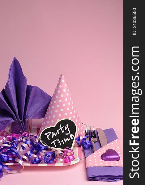 Pink and purple theme party table setting decorations - vertical.