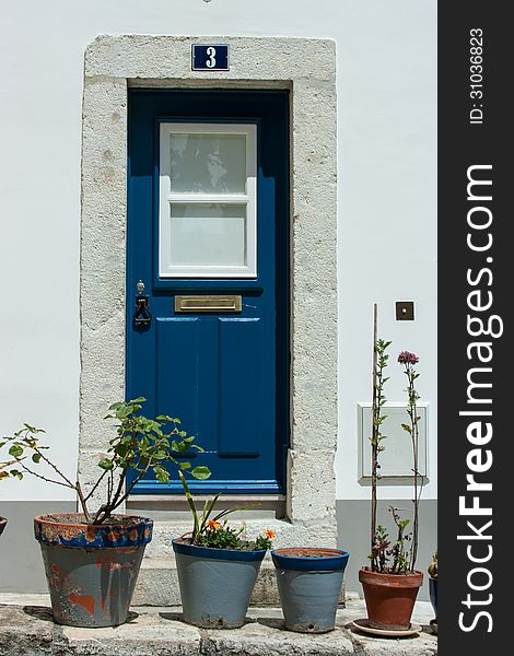 Blue entrance door with flower pots in front of it in Lisbon, Portugal