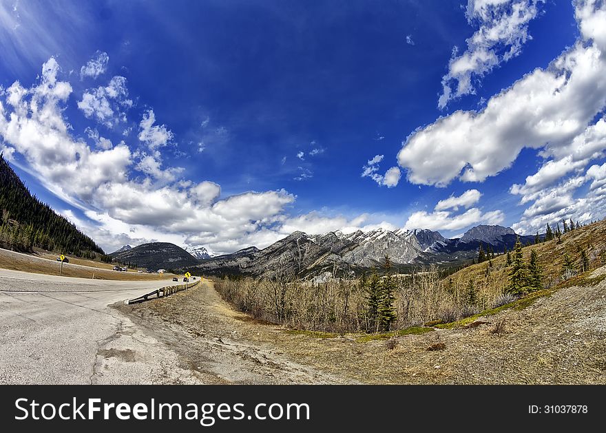 Canadian rocky mountains in the Spring thru a fisheye lens. Canadian rocky mountains in the Spring thru a fisheye lens