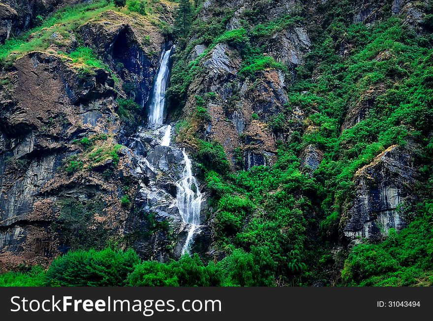 Tropical mountain landscape waterfall