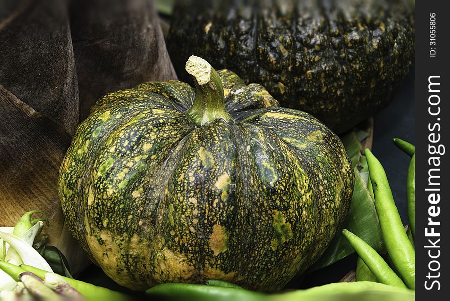 Green pumpkin in the annual exhibition of agricultural farmers