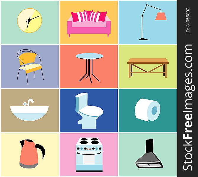 Set of objects and furniture for the house on colored backgrounds. Set of objects and furniture for the house on colored backgrounds