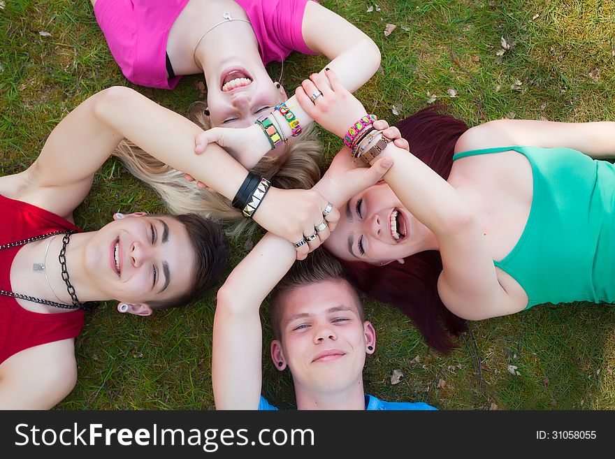 Four teenagers are having fun in the grass. Four teenagers are having fun in the grass