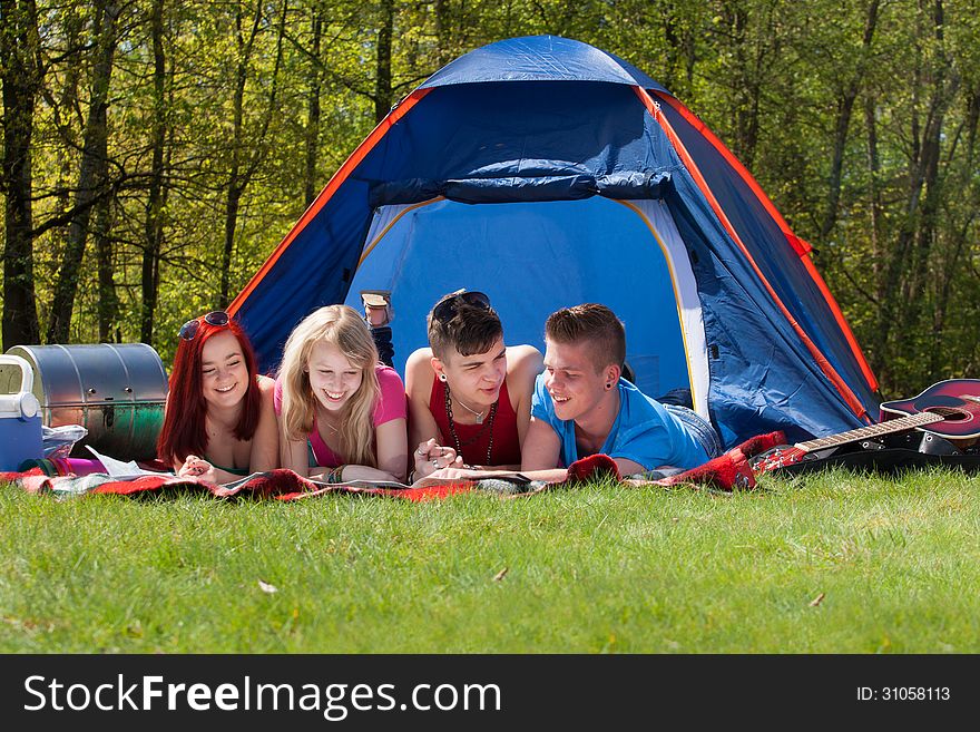 Young teenager group are having their holliday on a camping. Young teenager group are having their holliday on a camping