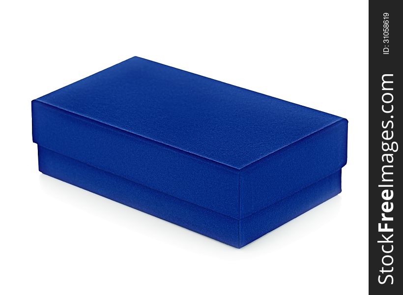 Blue gift box on white background. Closeup.