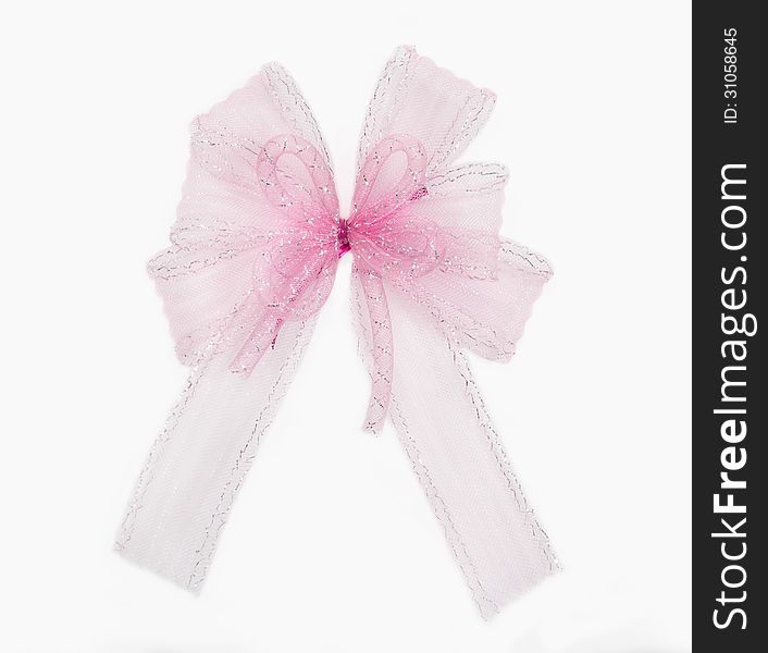 Pink ribbon on white background.