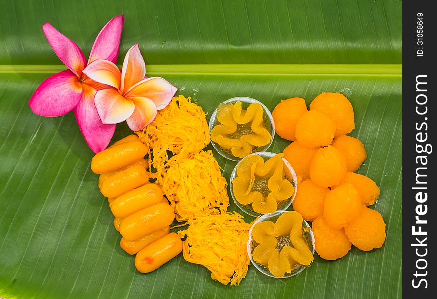 Thai dessert ,thai sweets on the leaf.