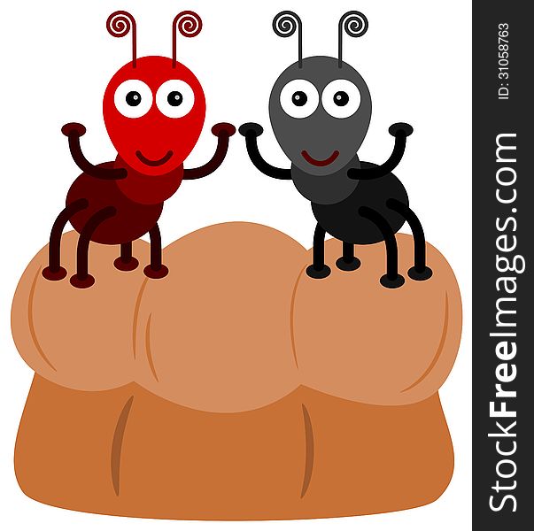 An illustration of two ant's on top of a bread. An illustration of two ant's on top of a bread