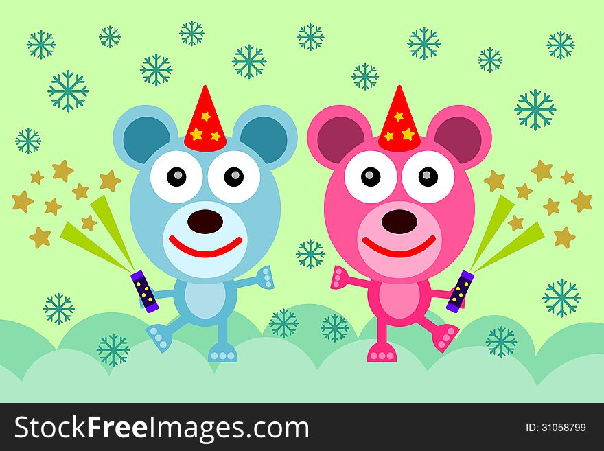 Illustration of two polar bears having a party in the snow. Illustration of two polar bears having a party in the snow