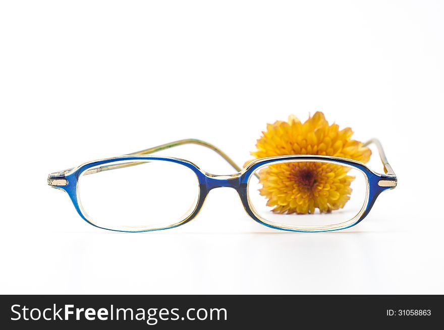 Glasses and flower on white background.
