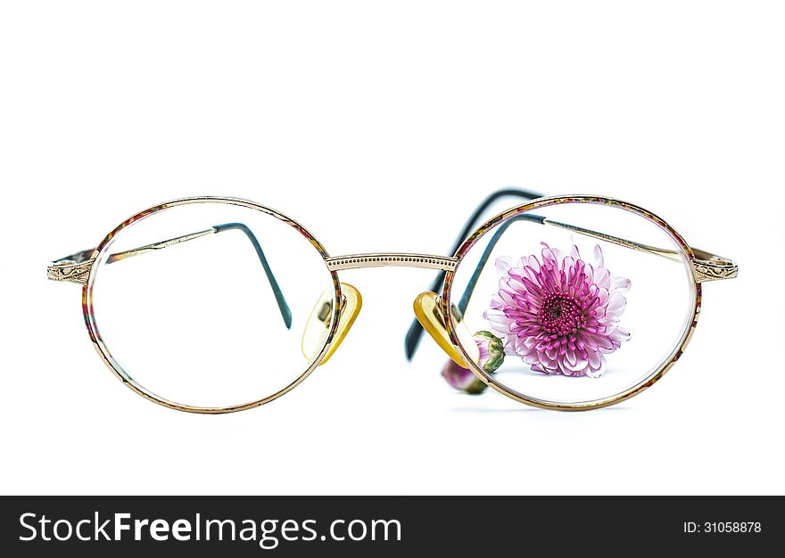 Glasses and flower on white background.