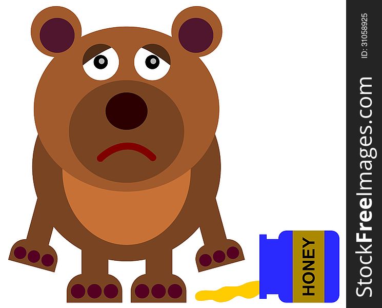 A cartoon illustration of a bear with a spilled honey. A cartoon illustration of a bear with a spilled honey