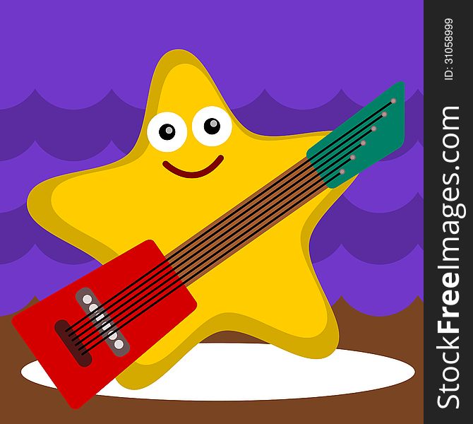 A funny illustration of a starfish on stage with an electric guitar. A funny illustration of a starfish on stage with an electric guitar