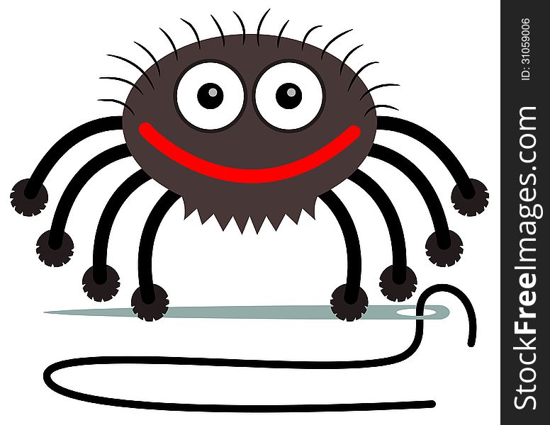 A cartoon illustration of a spider holding a needle with a string. A cartoon illustration of a spider holding a needle with a string