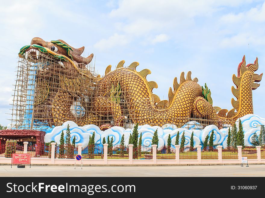 Repair of Giant golden Chinese dragon at Suphanburi,Thailand.