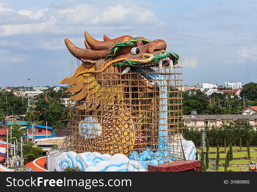 Repair Of Giant Golden Chinese Dragon At Suphanburi,Thailand.