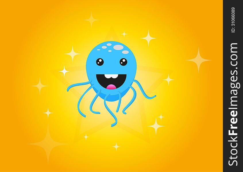Blue funny octopus on the yellow background