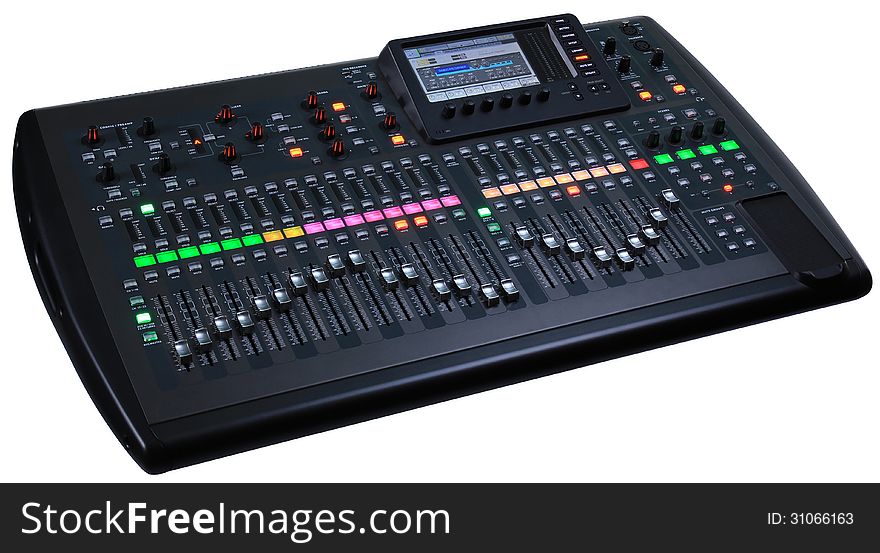 Black digital audio mixer on a white background