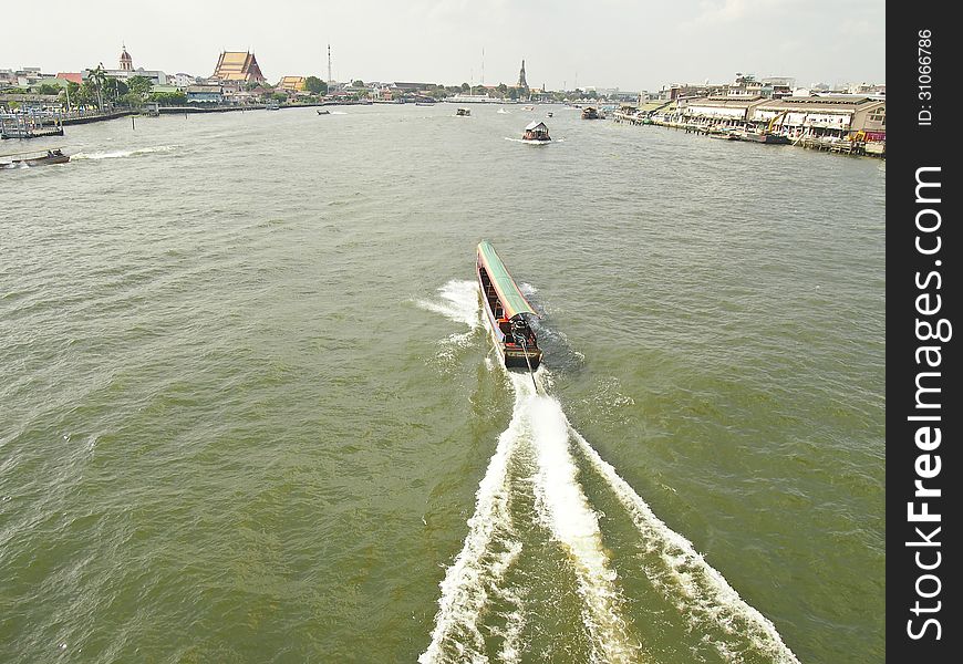 Motorboat travel in Chao Phraya river bangkok thailand. Motorboat travel in Chao Phraya river bangkok thailand