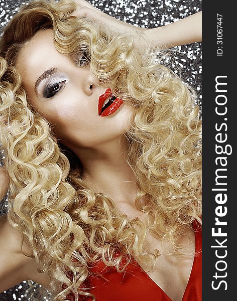 Imagination. Fantasy. Face Of Shining Blond Hair Woman. Luxury
