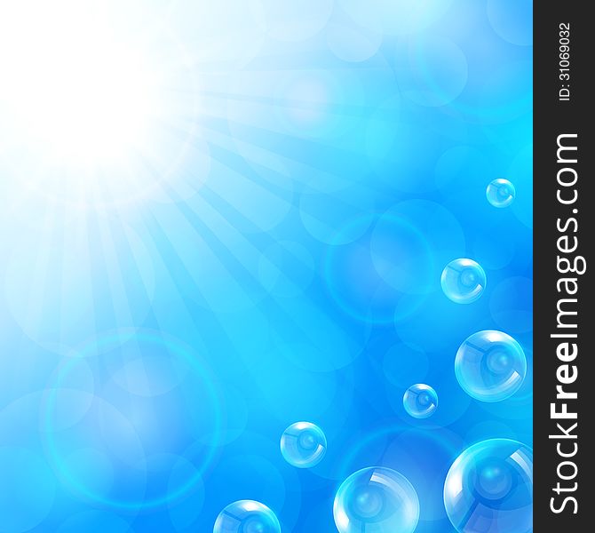 Vector illustration of the summer blue background with air bubbles