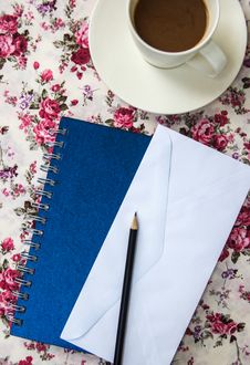 Blank Envelopes On The Table With Pencil And Coffee Cup And Blue Stock Photos Blank Envelopes On The Table With Pencil And Coffee Cup And Blue Stock Photos
