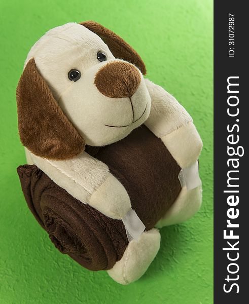 Dog doll hug brown blanket in the green background