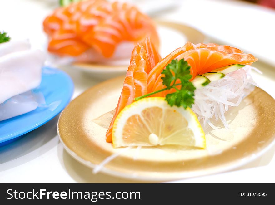 Salmon sashimi, traditional japanese style.