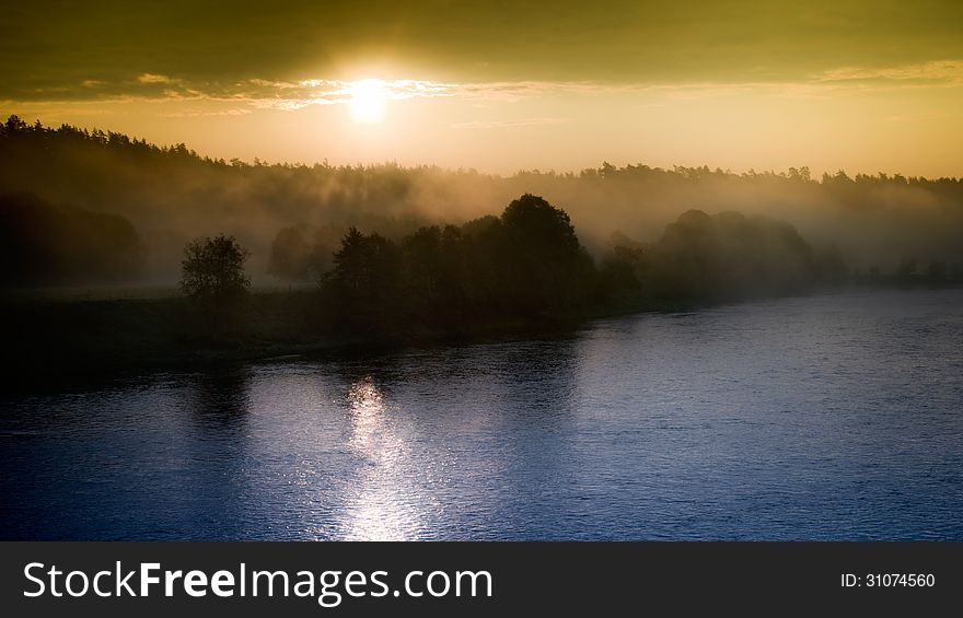 Misty sunrise by the river Lithuania. Misty sunrise by the river Lithuania