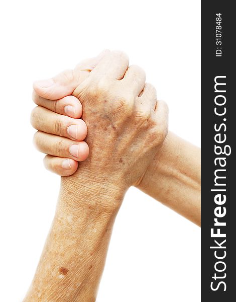 Woman hand and old woman hand ,Two coupled hands isolated on white background. Woman hand and old woman hand ,Two coupled hands isolated on white background