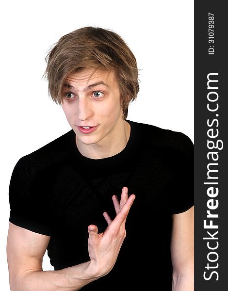 Young man with surprised expression on white background. Young man with surprised expression on white background
