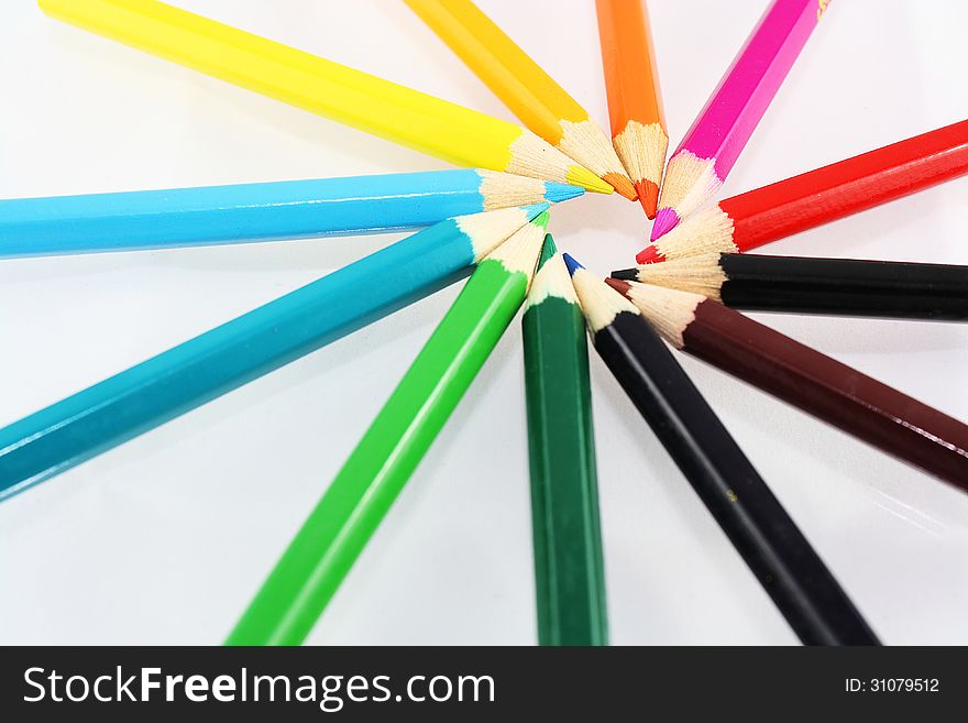 Set of spin different colored pencils with white background. Set of spin different colored pencils with white background