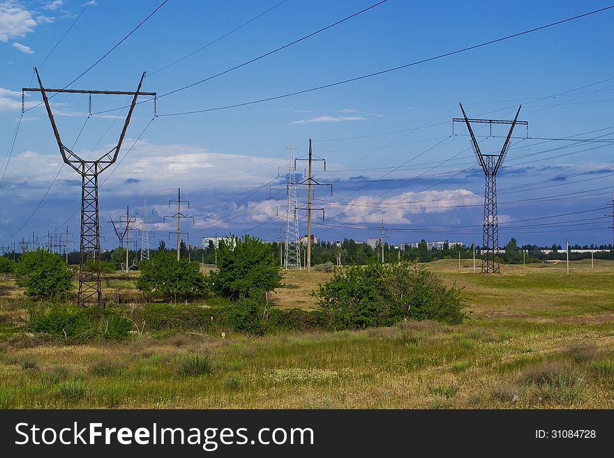 Evening suburban photo of high-voltage lines in Ukraine. Evening suburban photo of high-voltage lines in Ukraine