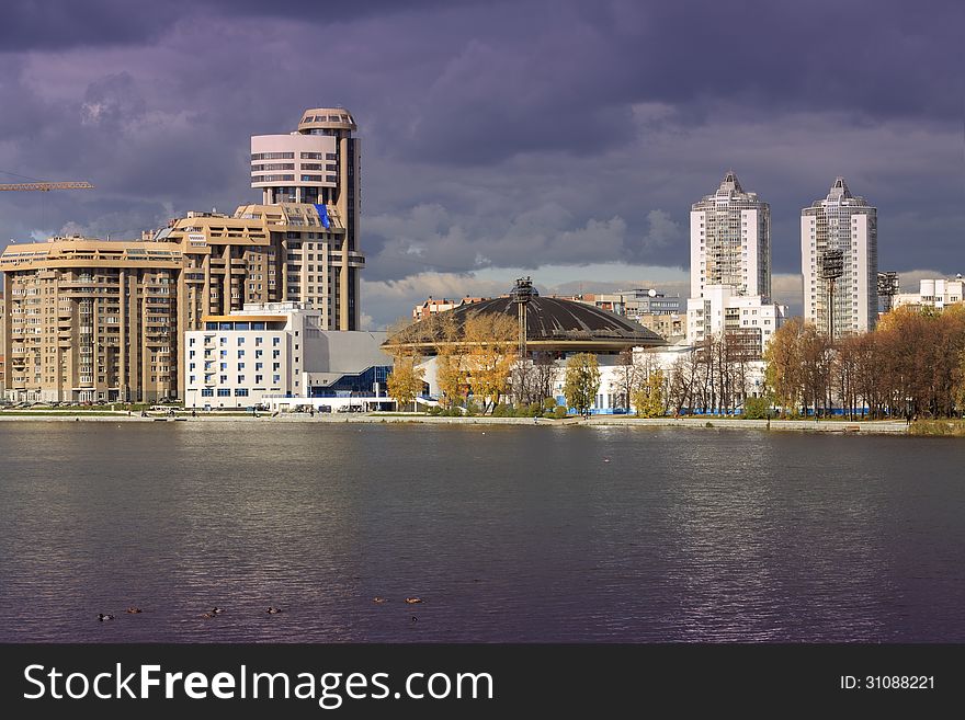 Modern buildings by the river, Yekaterinburg, Russia. Modern buildings by the river, Yekaterinburg, Russia