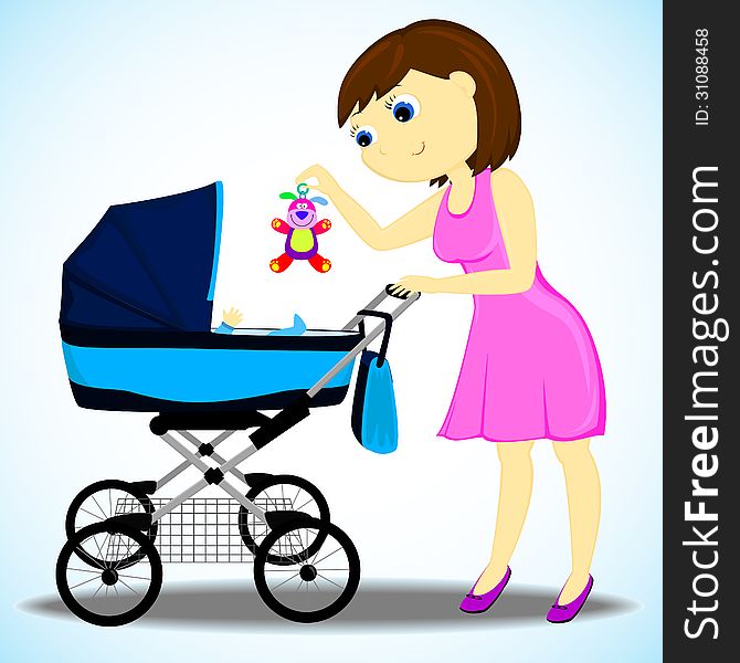 A woman plays with a child in a baby carriage. A woman plays with a child in a baby carriage