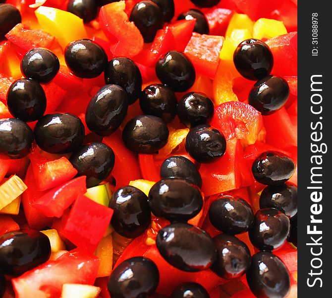 Salad with tomatoes, peppers and olives. Salad with tomatoes, peppers and olives