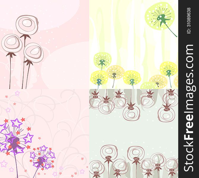 Set of four backgrounds with stylized pastel dandelions. Set of four backgrounds with stylized pastel dandelions