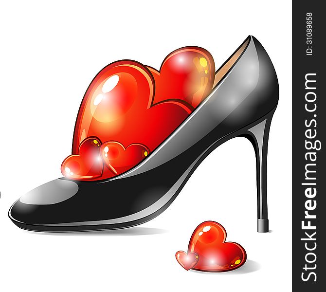 Black woman shoe full with red glossy hearts. Black woman shoe full with red glossy hearts