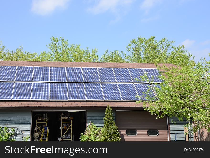 Solar panels installed on rural outbuilding. Solar panels installed on rural outbuilding