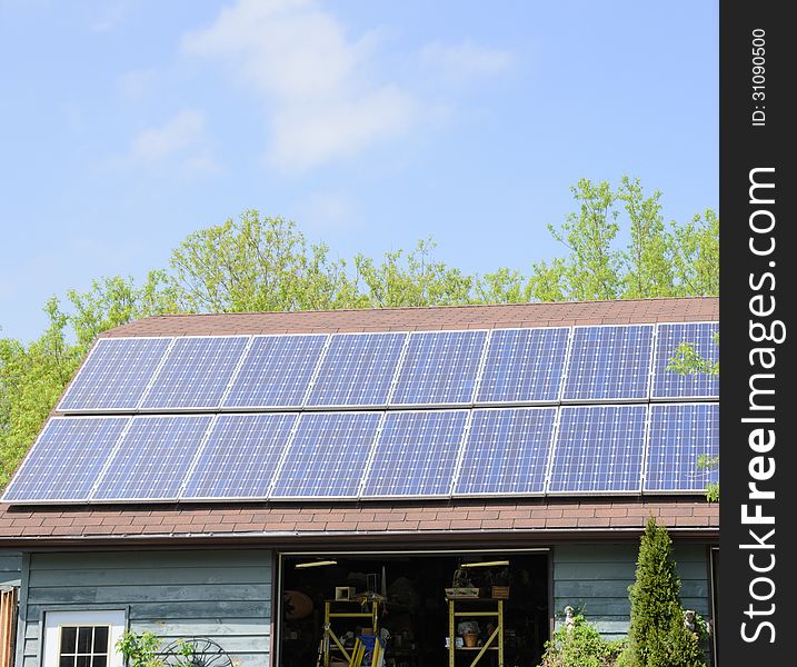 Solar panels installed on rural outbuilding. Solar panels installed on rural outbuilding