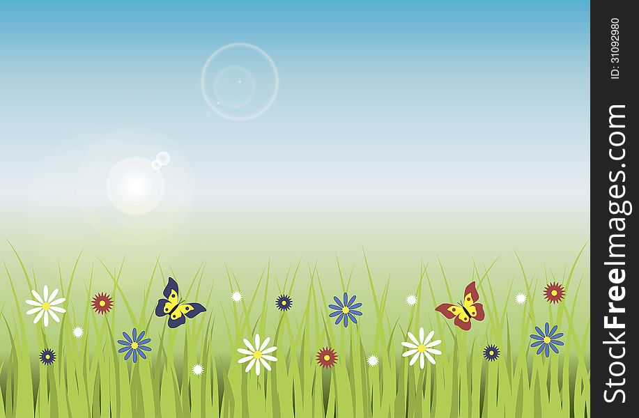 Meadow with grass, flowers and butterflies. Floral background. Vector illustration. Meadow with grass, flowers and butterflies. Floral background. Vector illustration.