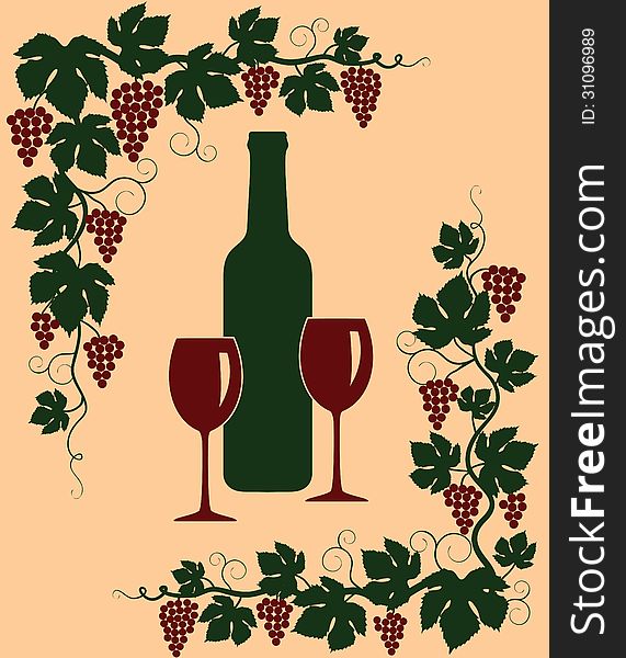 Background with a bunch of grapes, bottle and glass