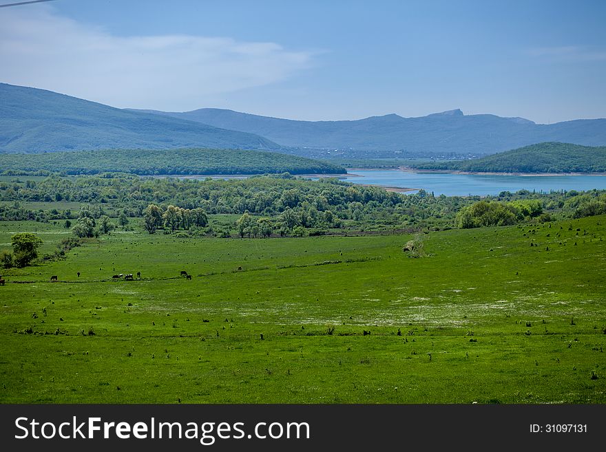 Mountain landscape with lake in crimea