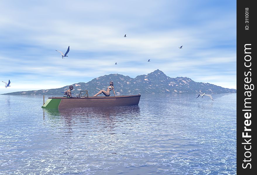Computer generated scene of a couple sunning on their boat near a secluded island in the ocean with seagulls fishing near by