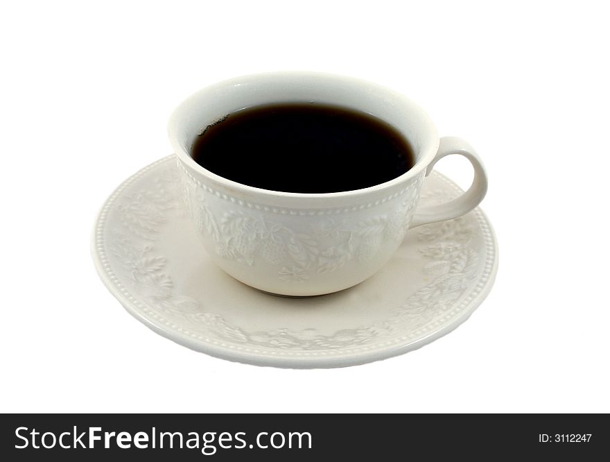 A cup of hot coffee on an all white background. A cup of hot coffee on an all white background