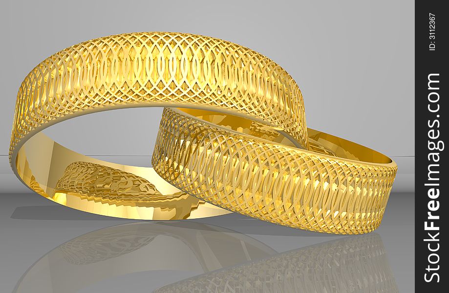 3d rendering two golden rings, in yellow colour
