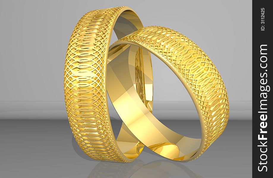 3d rendering two golden rings, in yellow colour